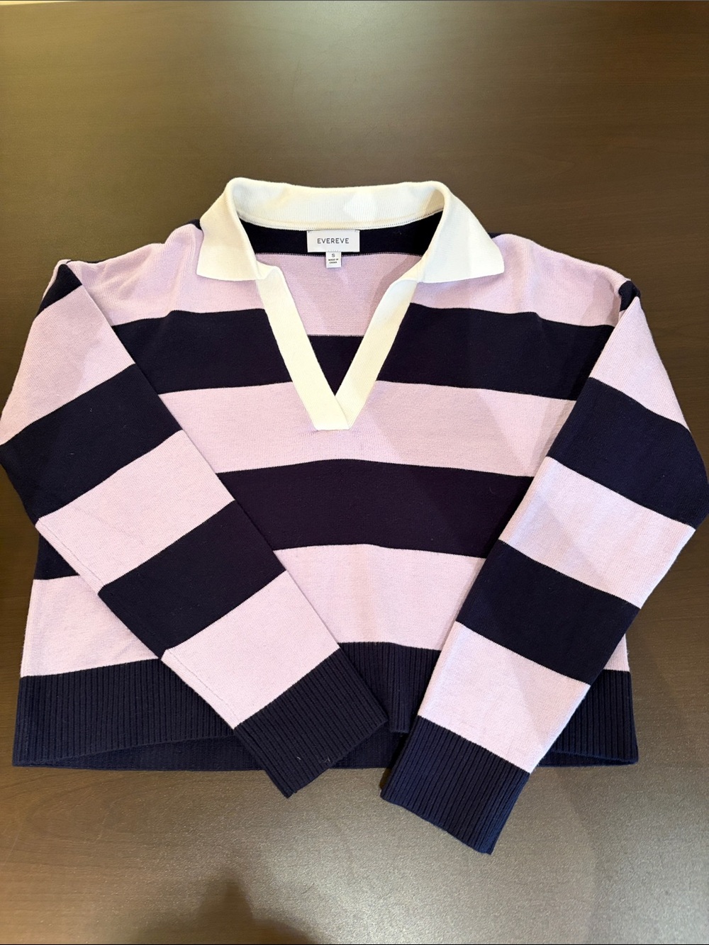Evereve Lavender & Navy Striped V-Neck Polo Sweater, rugby